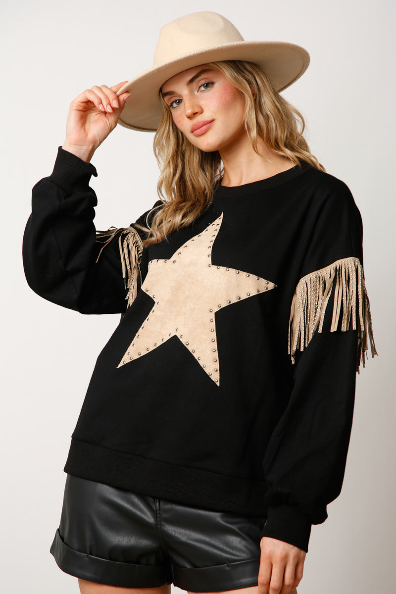 FF Array Live Suede Star Pullover with Fringe