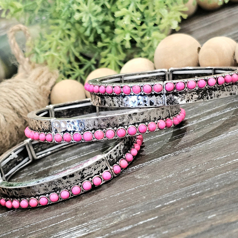 Chloe Silver Pink Bead Stretch Bracelet