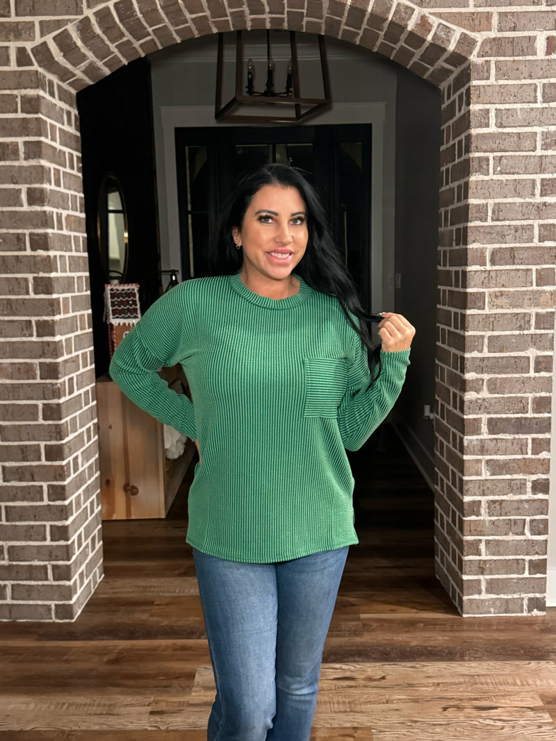 Zenana Corded Ribbed Long Sleeve Top-Green