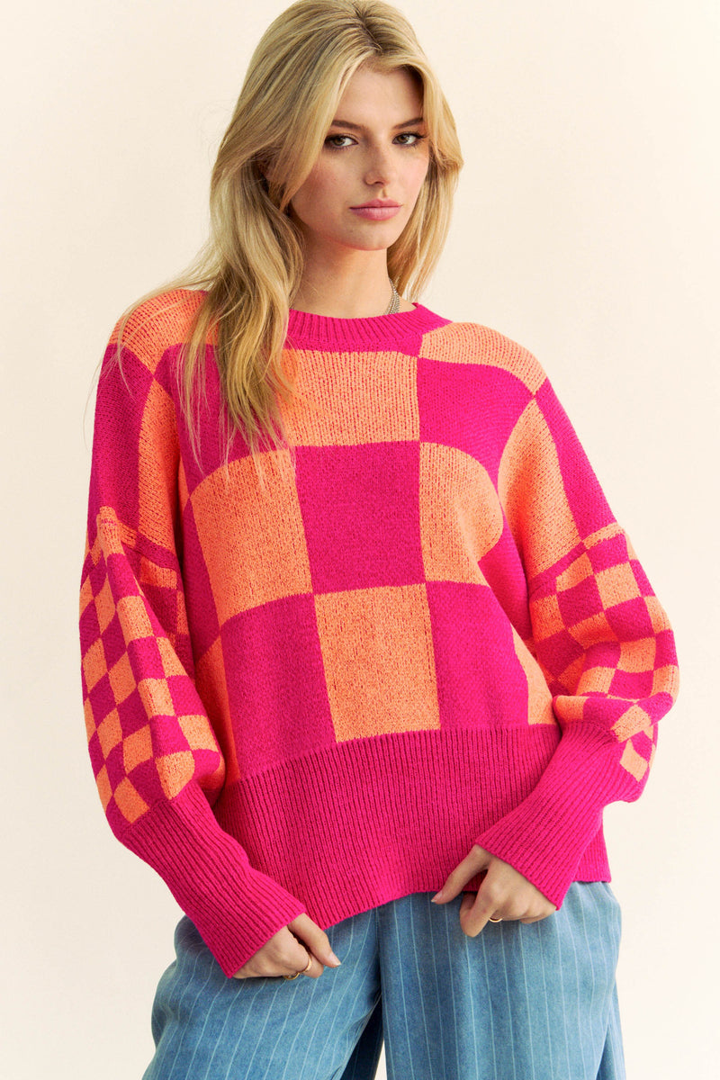 D&D Array Live Pink/Orange Checkered Sweater