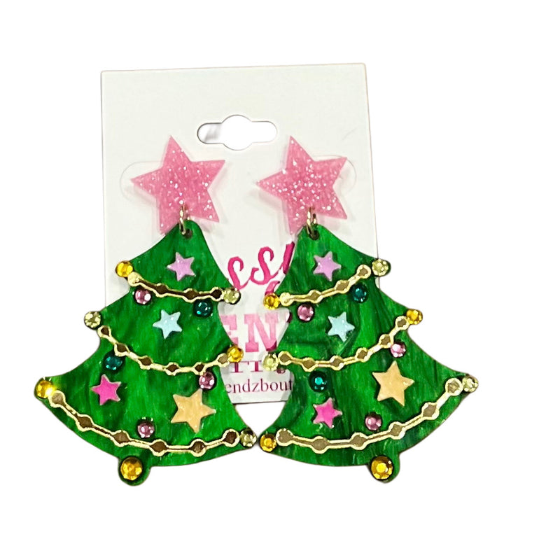 Green with Pink Star Tree Earrings