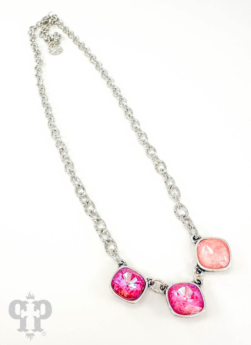 PP Crystal Triple Pink Silver Necklace