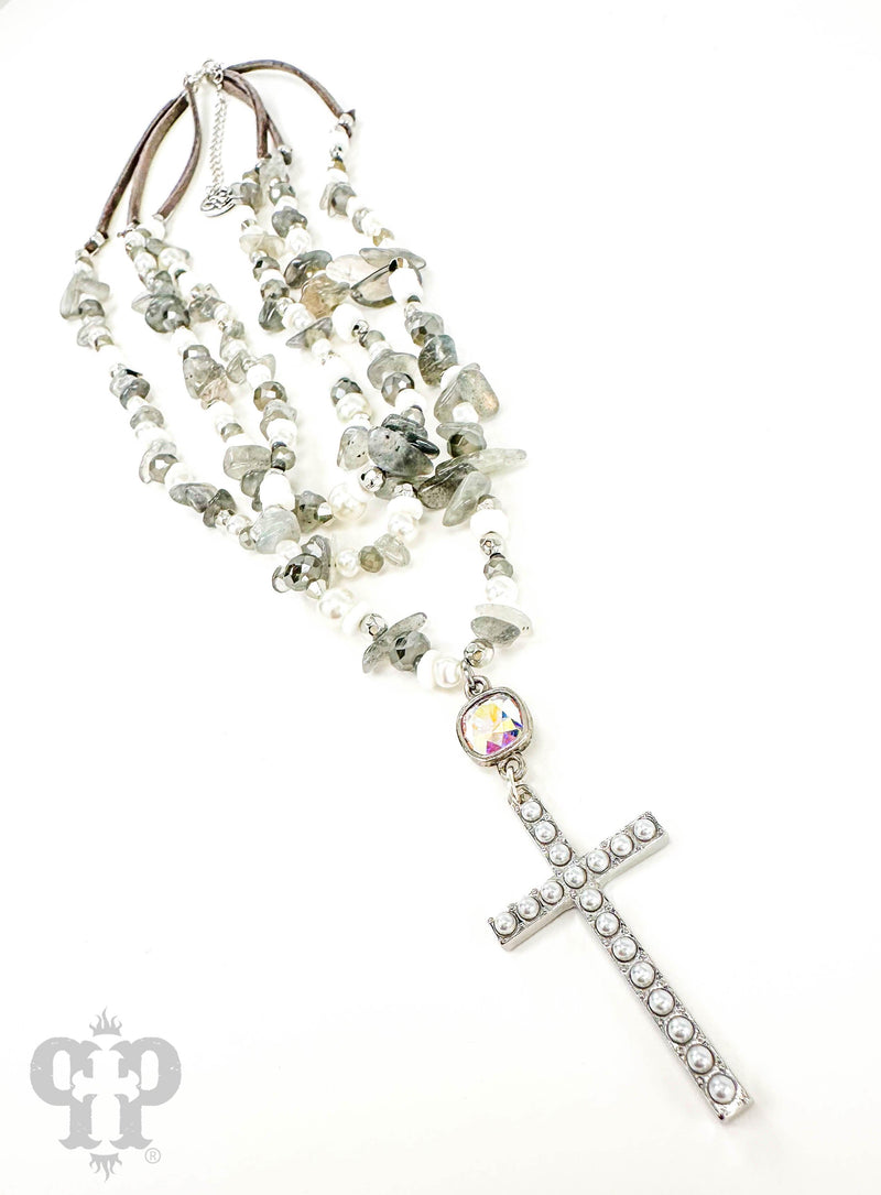 PP AB Cross Silver  Multi Layer Necklace