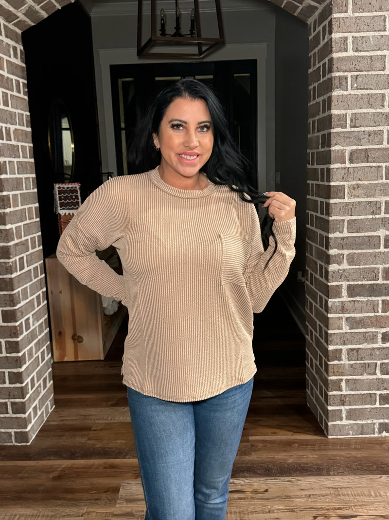 Zenana Corded Ribbed Long Sleeve Top-Mocha