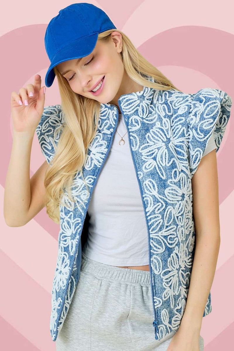 Denim Floral Velvet Puffer Vest