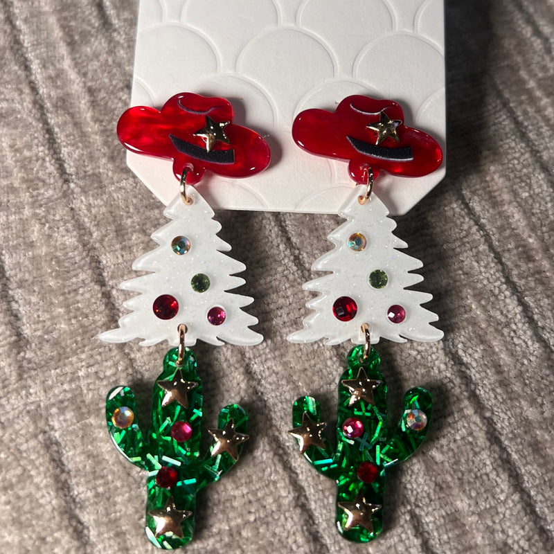 Acrylic Red Cowgirl Cactus Christmas Earrings