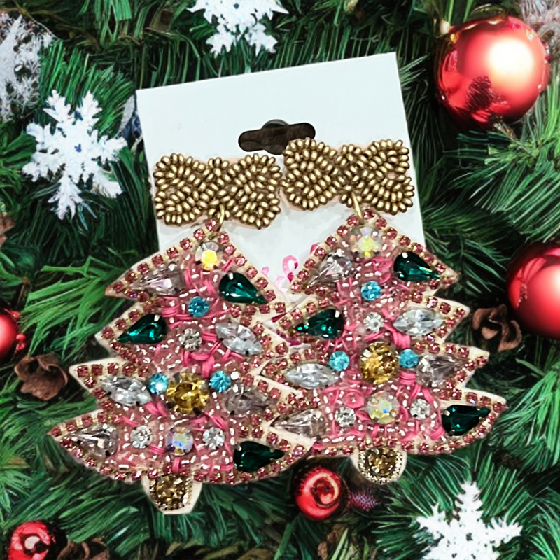 Pink Bling Tree with Gold Earrings