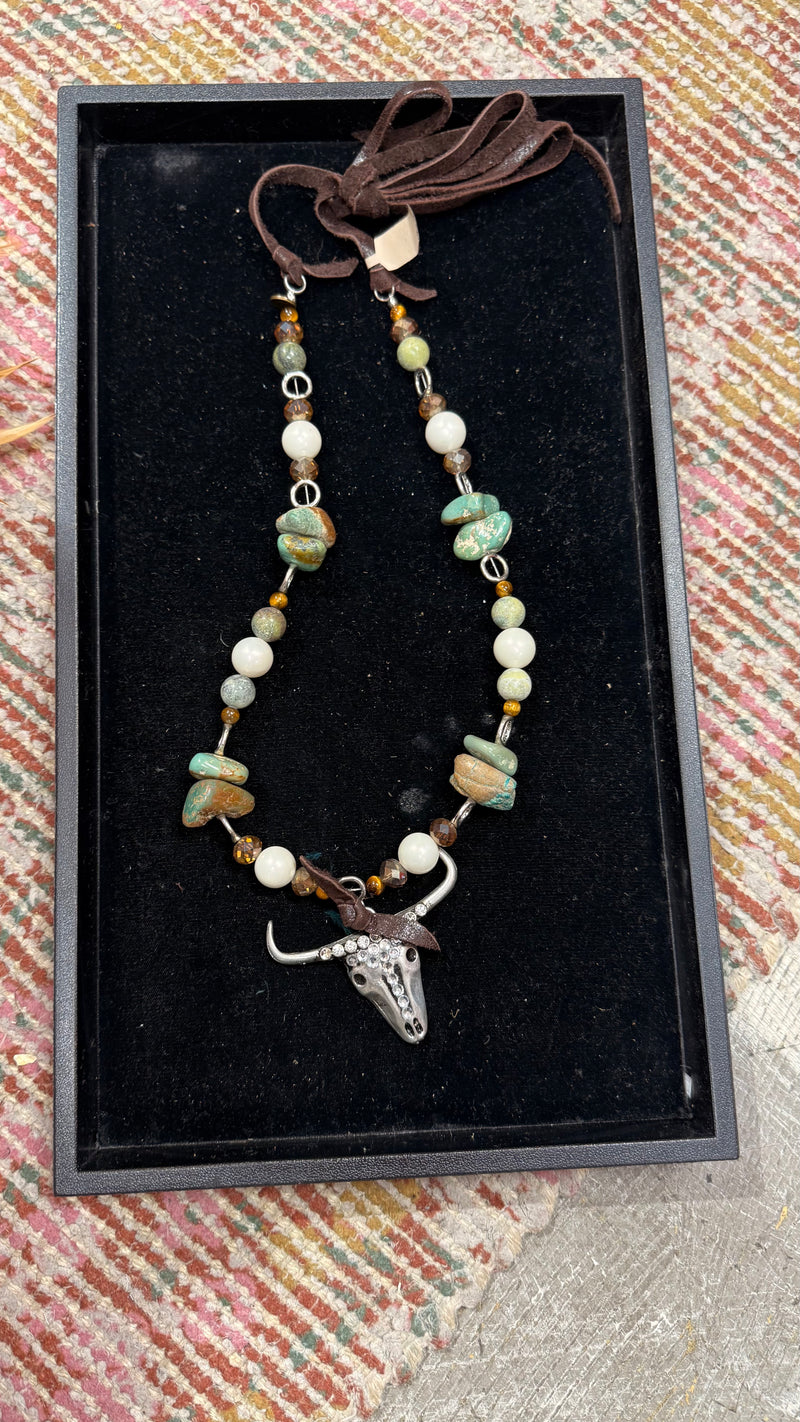 ARB Turq, Pearl and Crystal Longhorn Necklace