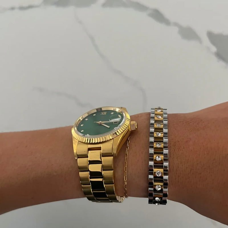 Chansuttpearl Diamond Two Tone Watch Band Bracelet