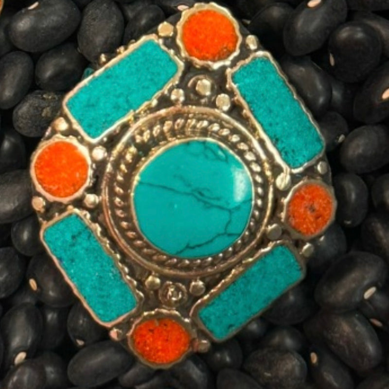 Tibetan Silver Ring-Brass Italian coral and turquoise