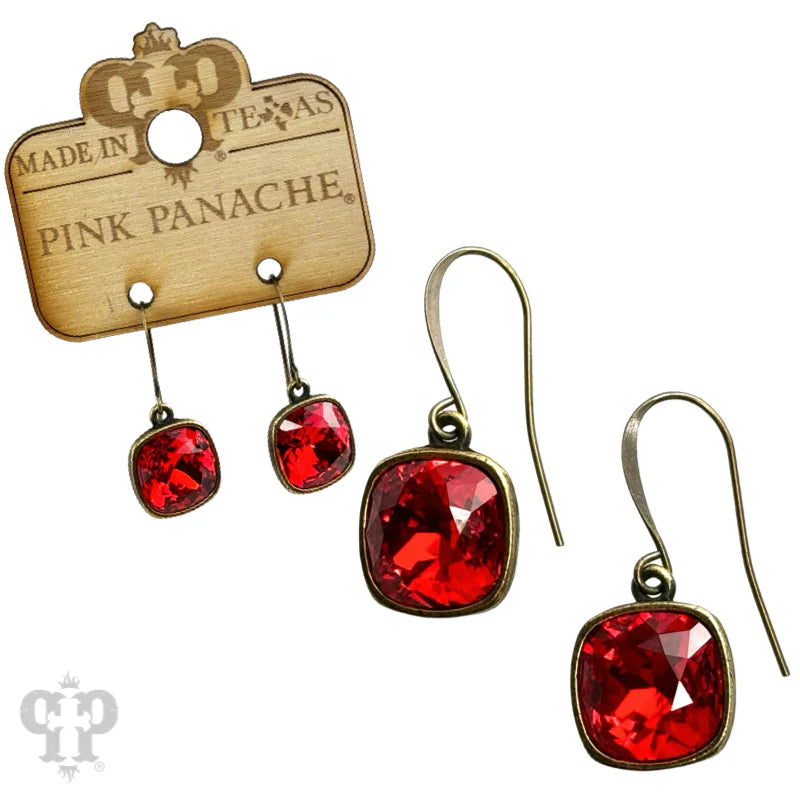 Red Austrian Square Crystal Gold Hook Earring