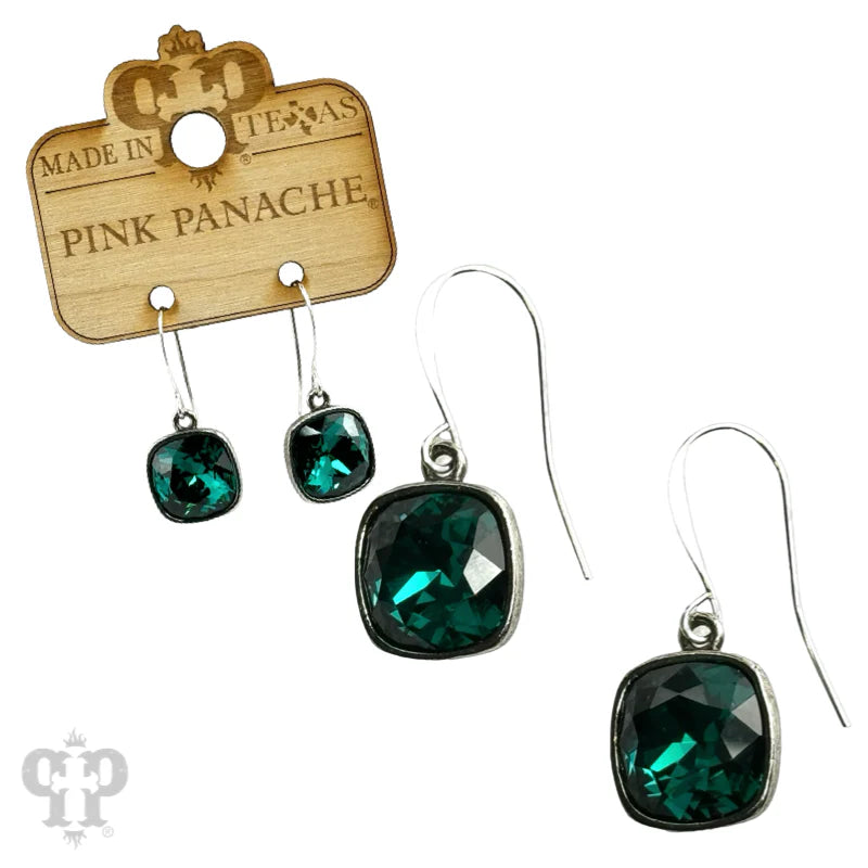 Green Austrian Square Crystal Silver Hook Earring