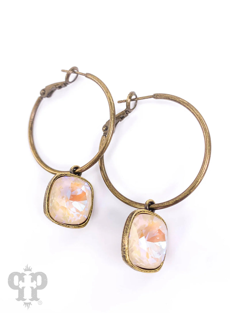 Cream Square Austrian Crystal Hoop Earring