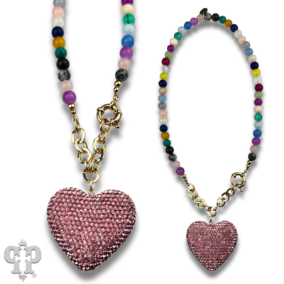 PP Rhinestone heart pendant on multi-color bead necklace